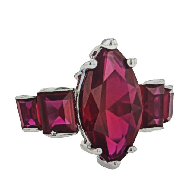 Marquuise & Baguette Red Lab Created Ruby Rhodium Over Sterling Silver Ring 2.87 - Picture 4 of 7
